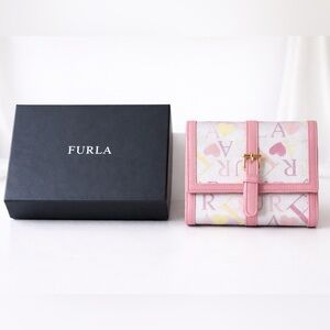 Furla Pink Heart Monogram Trifold Wallet Leather Snap Closure w/ Box